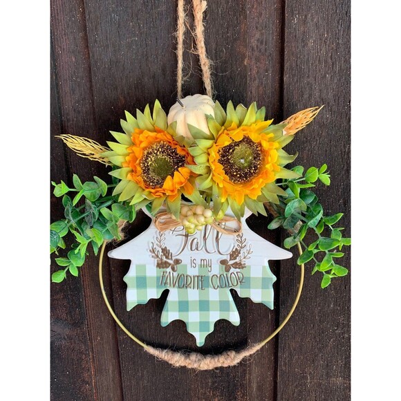 11" Fall Wreath with Sunflowers and Eucalyptus on Gold Wire Ring - Picture 2 of 7
